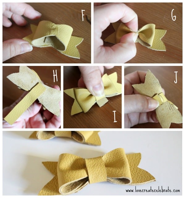 Tie a thin strip of leather around the center of the bow and glue in place
