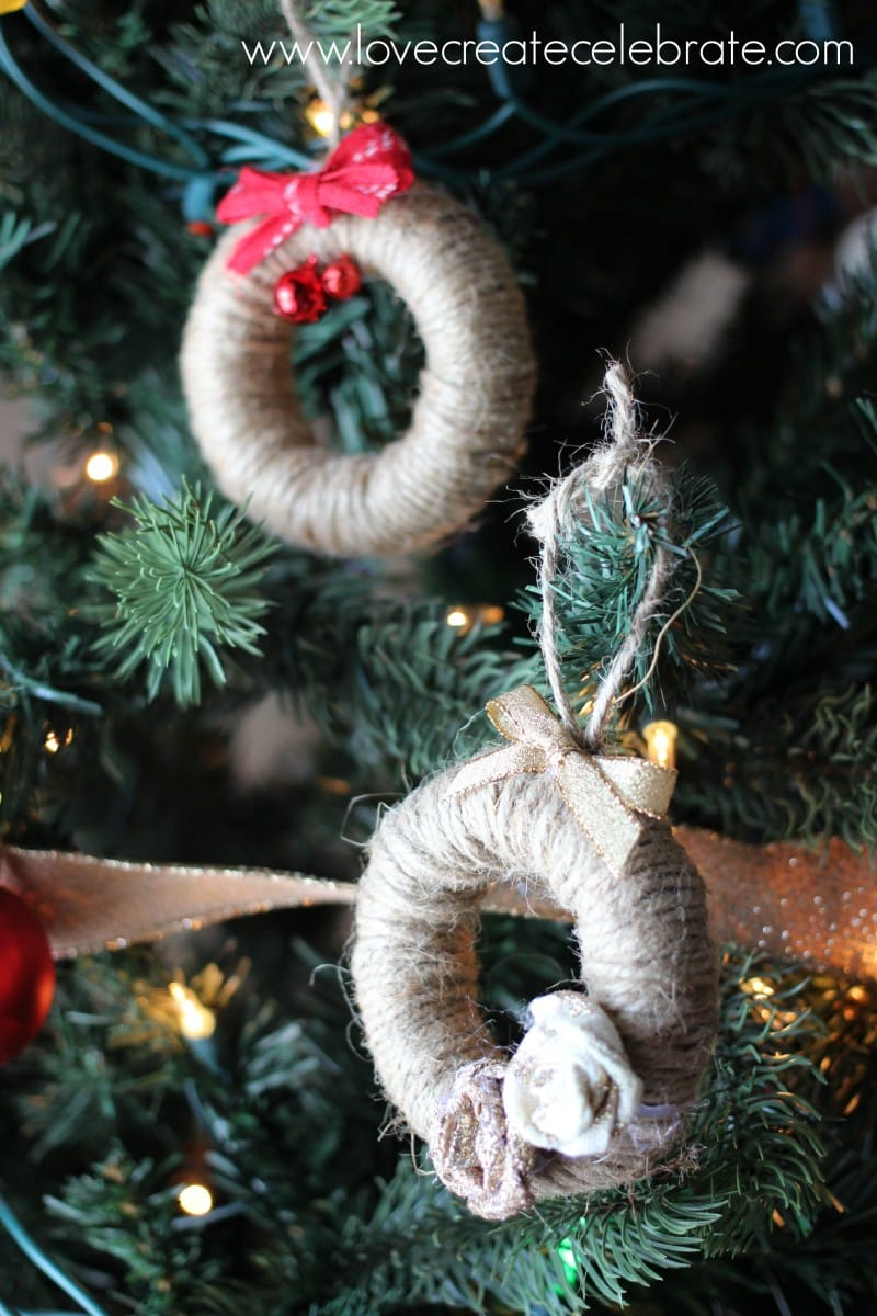 Jute string tree ornaments match the burlap Christmas decorations scheme.