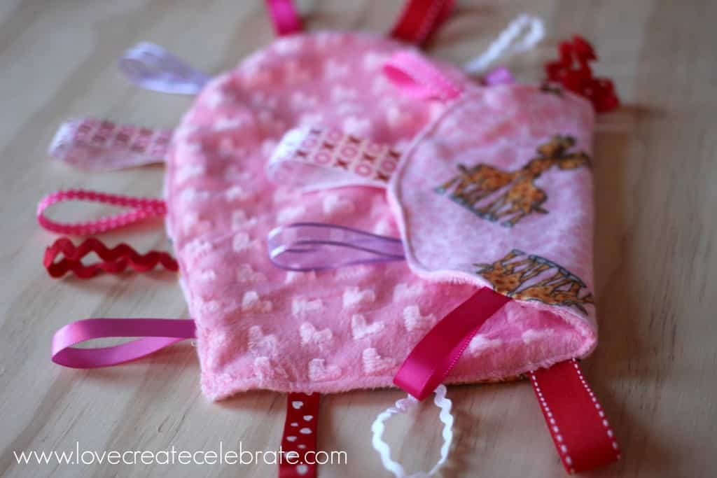 Completed heart taggie blanket