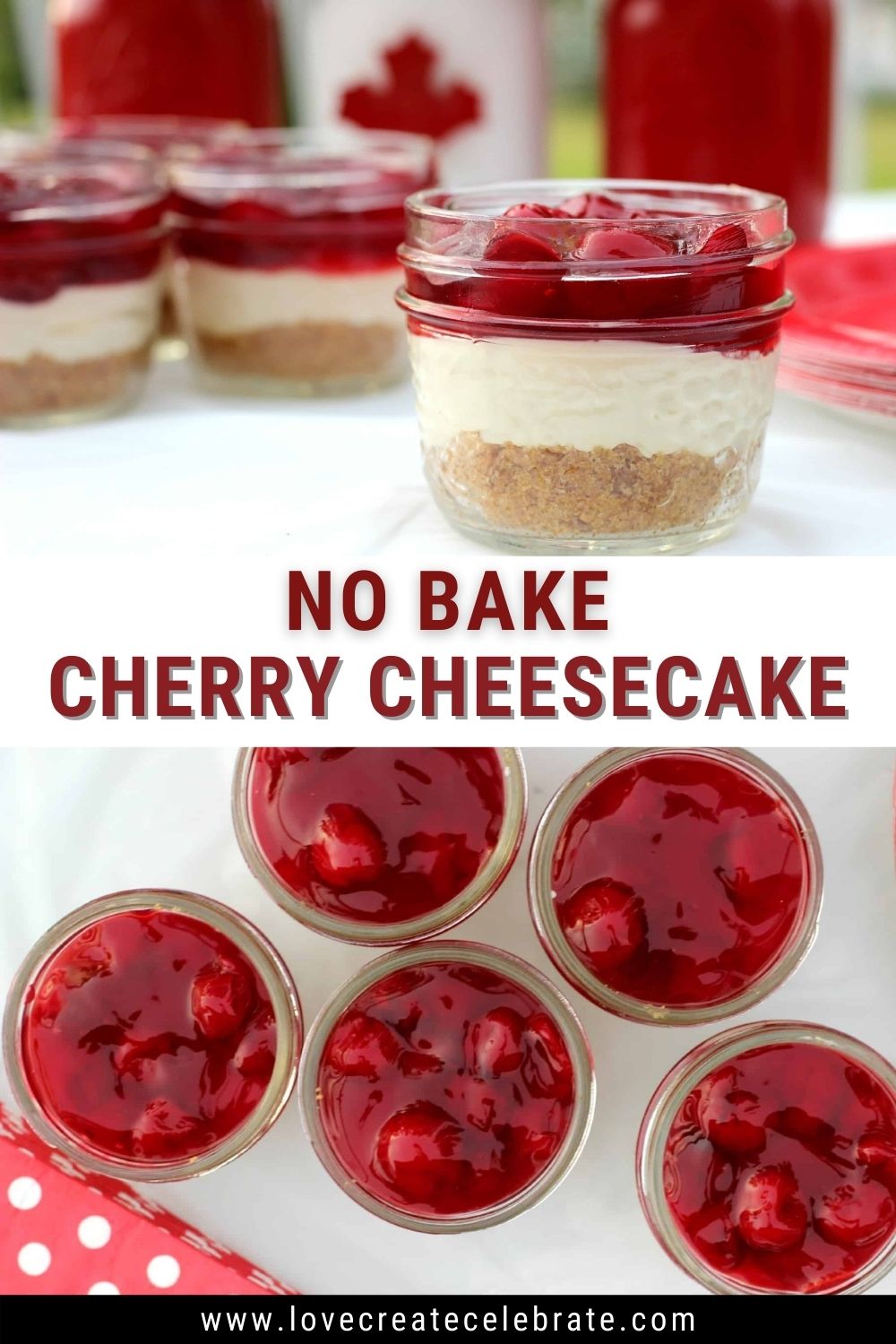 image collage of no bake cherry cheesecake in mason jars with text overlay