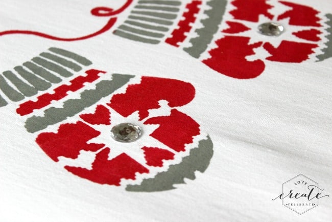 Close up of the stenciled Christmas pillow