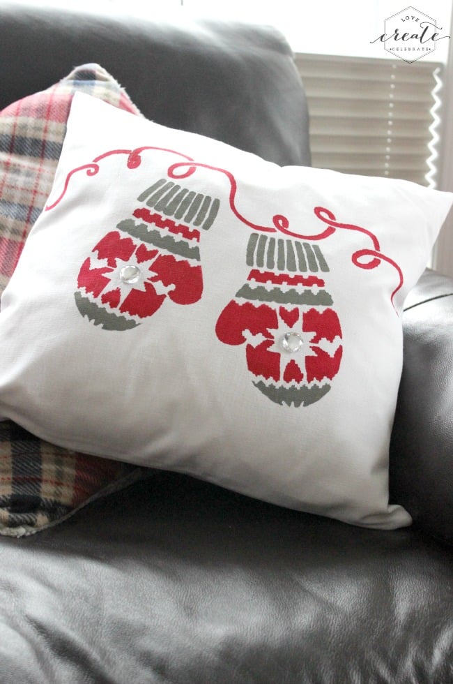 What the stenciled Christmas pillow looks like when it's complete