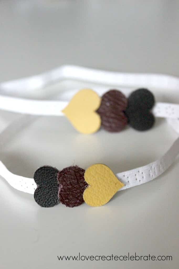 This baby headband with little leather hearts is an adorable accessory for a baby girl