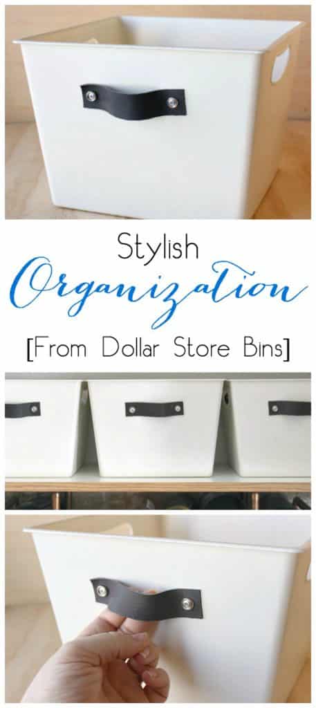Turn any dollar store bin into DIY stylish organization totes with spray paint and leather handles. Perfect for the kitchen, bedroom or linen closet! 