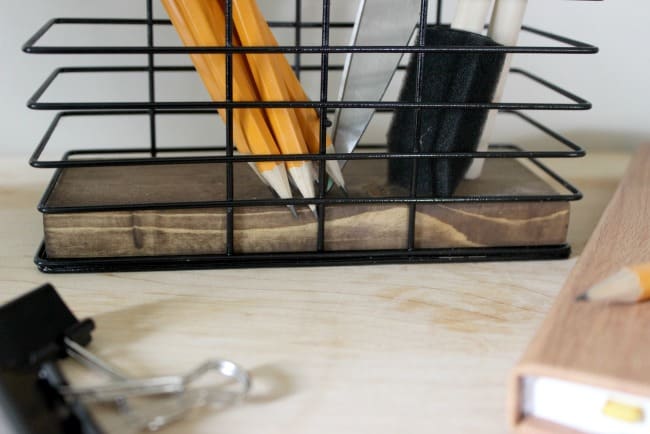 Perfect desk organization idea! Love the rustic industrial vibe. Perfect for my office, or my teen going off to college!