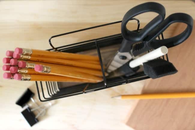 Perfect desk organization idea! Love the rustic industrial vibe. Perfect for my office, or my teen going off to college!