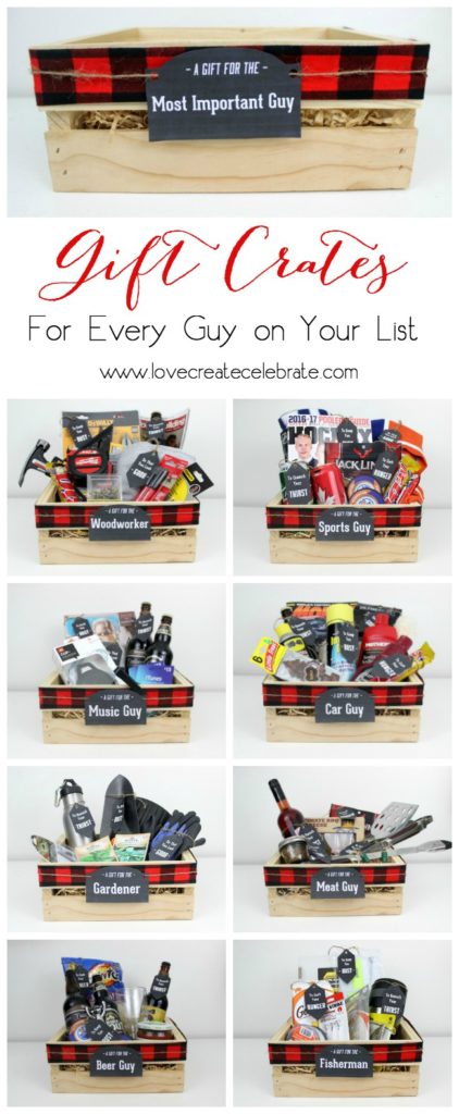 Instead of gift baskets, why not opt for the more manly Gift Crates for guys?! The perfect crate for any guy on your list, plus an amazing list of suggestions! 