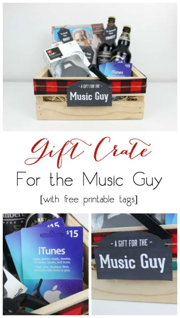 Perfect for the musician or music lover! Instead of gift baskets, why not opt for the more manly Gift Crate?! The perfect crate for any guy on your list, plus an amazing list of suggestions!