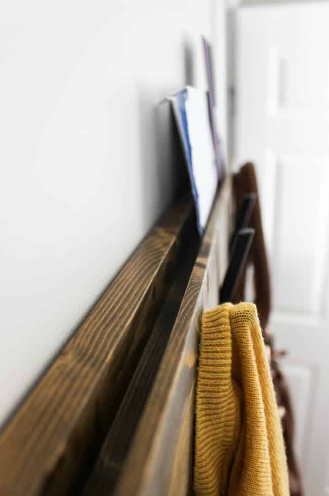 Close up of the mail slot on the industrial chic coat rack.