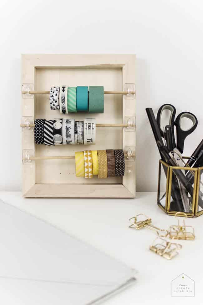 Organize your craft space with this simple DIY that will take you less than 5 minutes! Great for washi tape, ribbon, twine, etc. and PERFECT for any craft space!