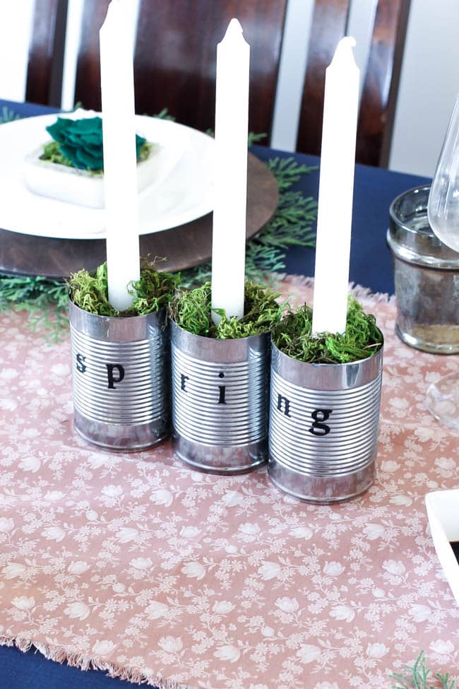 A beautiful, earthy centerpiece for your spring or summer table settings! Love the use of old tin cans! This quick DIY would take less than 10 minutes! 