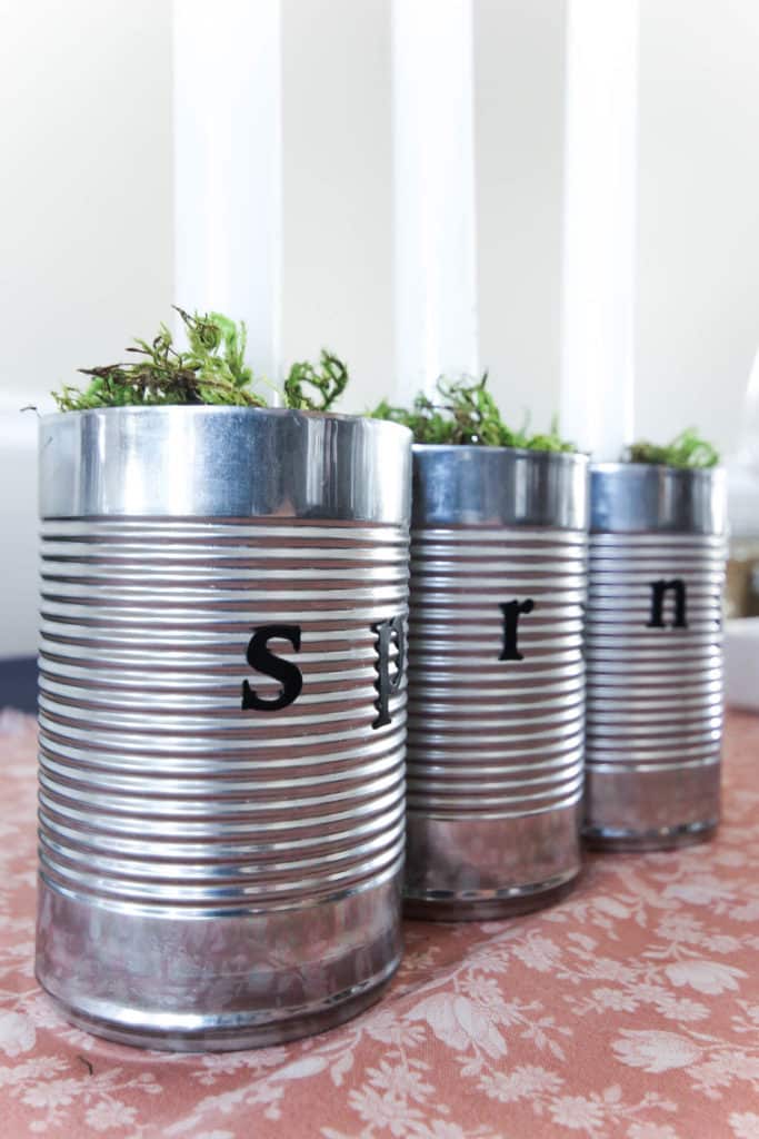 A beautiful, earthy centerpiece for your spring or summer table settings! Love the use of old tin cans! This quick DIY would take less than 10 minutes! 