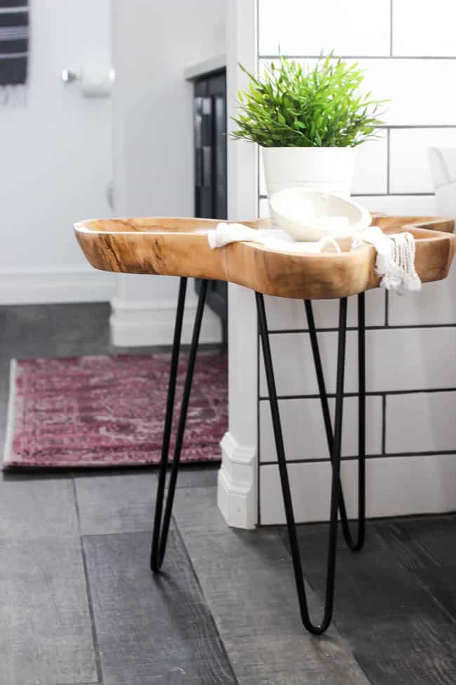 I really wanted a small table to sit beside the tub and transition between the tub and vanity areas. I was so happy when I found this one!