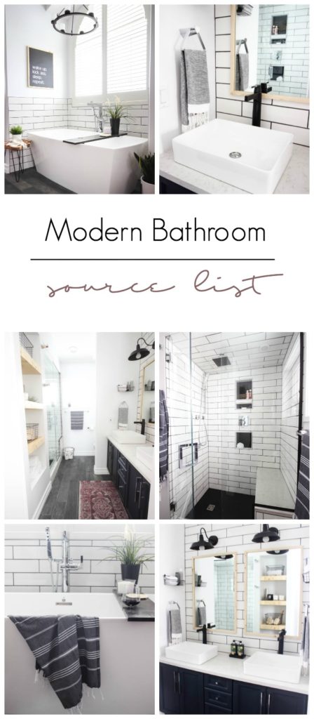 A list of the sources for all of the projects, accessories, faucets, and fixtures in the Modern Master Bathroom Design. Beautiful matte black and chrome finishes with natural wood. Long white subway tiles on walls in shower and behind bath. Beautiful modern and industrial bathroom ideas.
