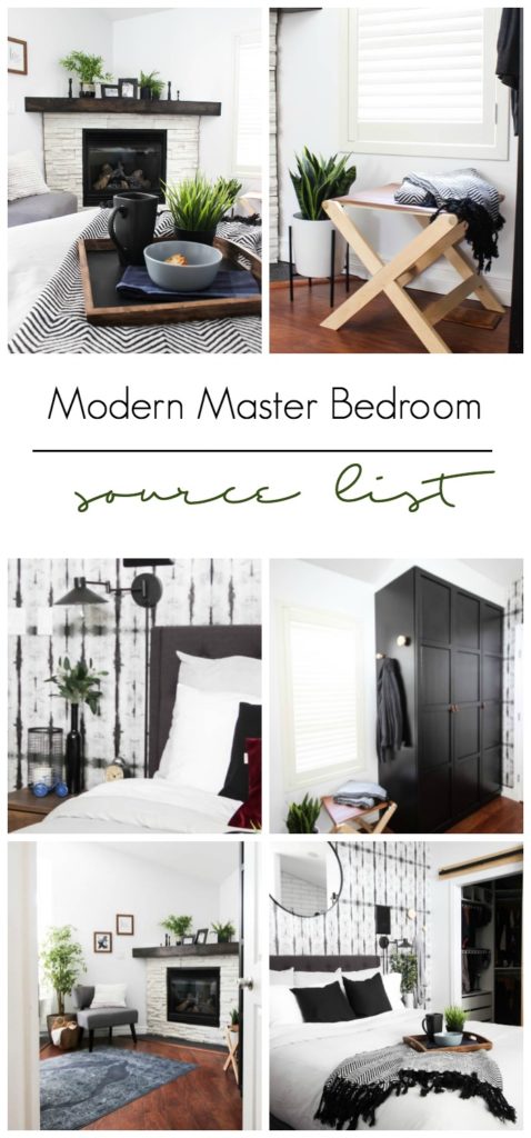 A list of the sources in this modern master bedroom design! Beautiful black, white and blue palette with modern accessories, furniture and DIY projects. LOVE the wallpaper and the personalized touches!