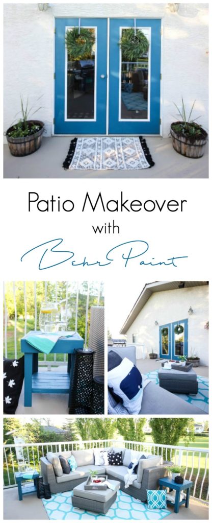 A stunning backyard makeover inspired completed with Behr paints. Love the bright painted blue doors, and the grey outdoor sectional. Beautiful DIY pallet side tables, and black and white accessories complete the space. Summer is here!