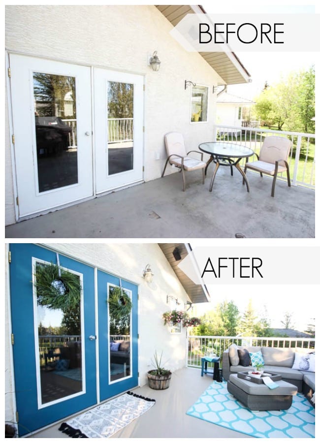 A stunning backyard makeover inspired completed with Behr paints. Love the bright painted blue doors, and the grey outdoor sectional. Beautiful DIY pallet side tables, and black and white accessories complete the space. Summer is here!