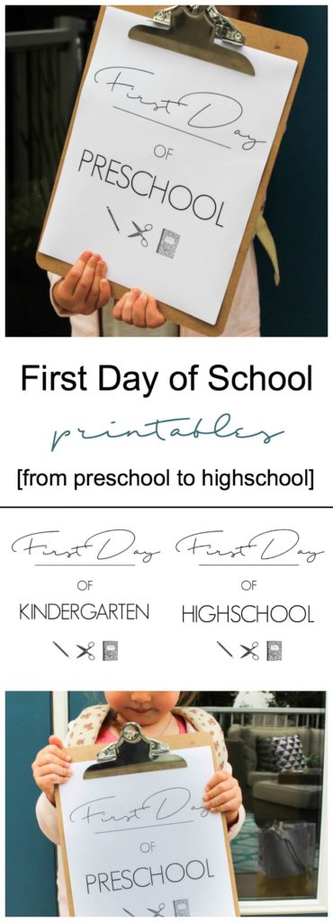 Modern Printables for your little girl or boy's first day of school. These Printables start at preschool, but can be used through every grade until they are finished high school! LOVE this pretty alternative to mark the new school year!