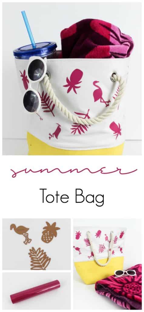 Fun personalized summer tote bag! Make it for yourself or your kids and head to the beach this summer in style. Easy to make with iron-on vinyl!