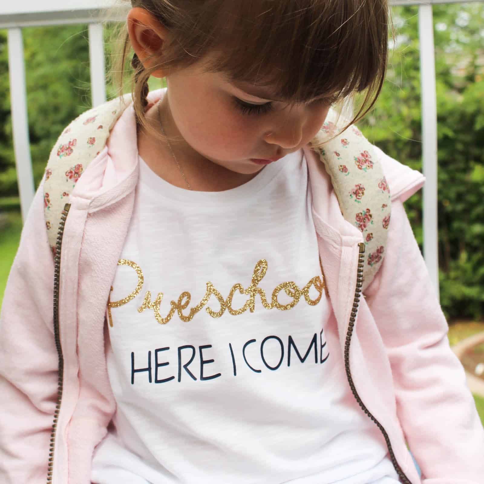 Get excited for the first day of preschool or kindergarten at school with a new custom t-shirt! This quick shirt was made with the Cricut Explore in just a few minutes! We are more than ready to start school now!