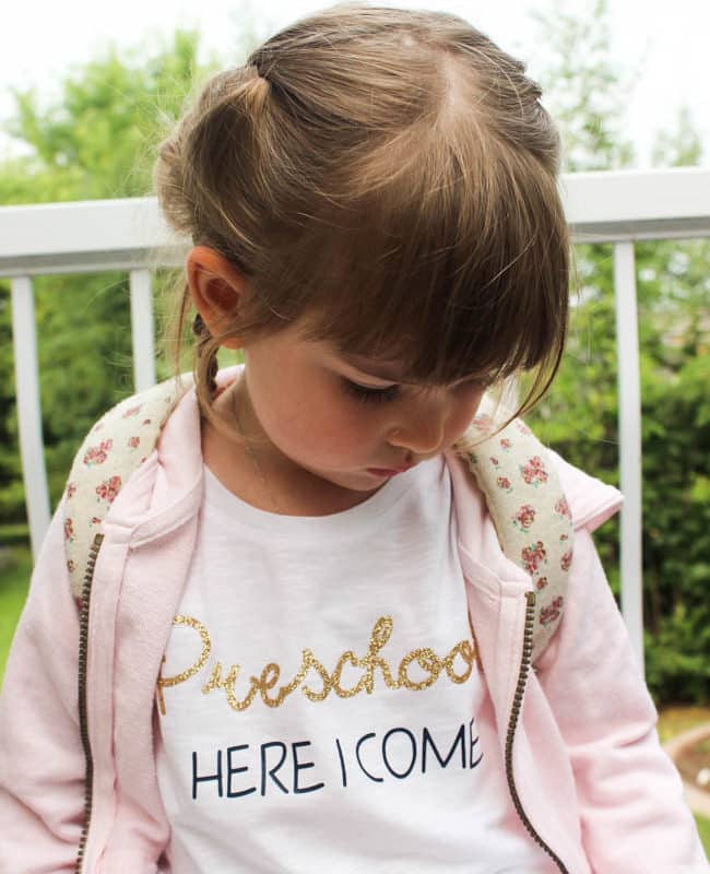 Get excited for the first day of preschool or kindergarten at school with a new custom t-shirt! This quick shirt was made with the Cricut Explore in just a few minutes! We are more than ready to start school now!