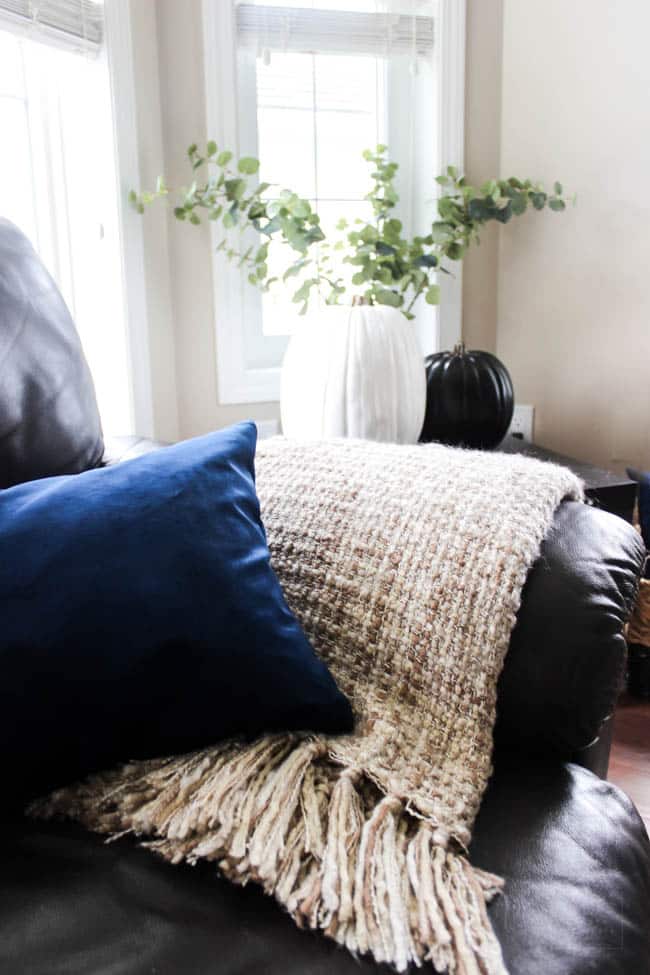 A closeup of a blue velvet pillow with a simple blanket