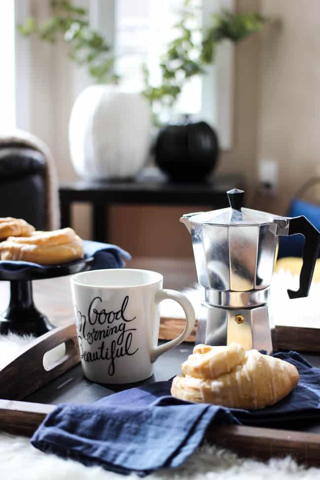 Pastries and coffee on the coffee table