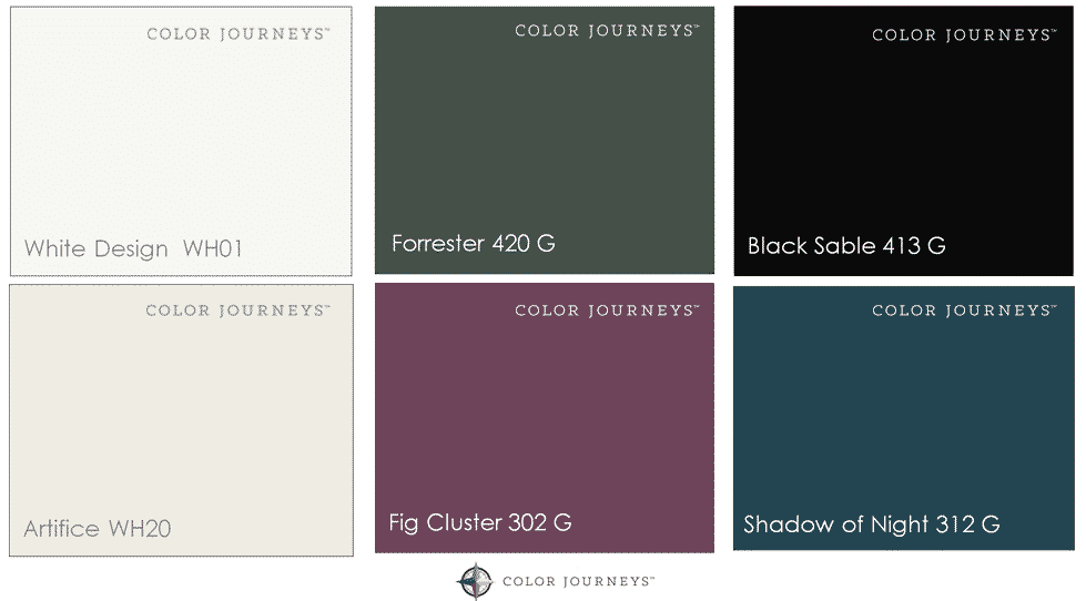 A collage of images showing a colour scheme, including white, black, artifice, shadow of night, fig cluster and forrester colours