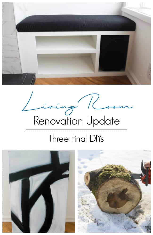 Sharing the final few steps of our one room challenge living room renovation, and a few of our last minute DIY projects including a bench, some DIY canvas art, and a side table!