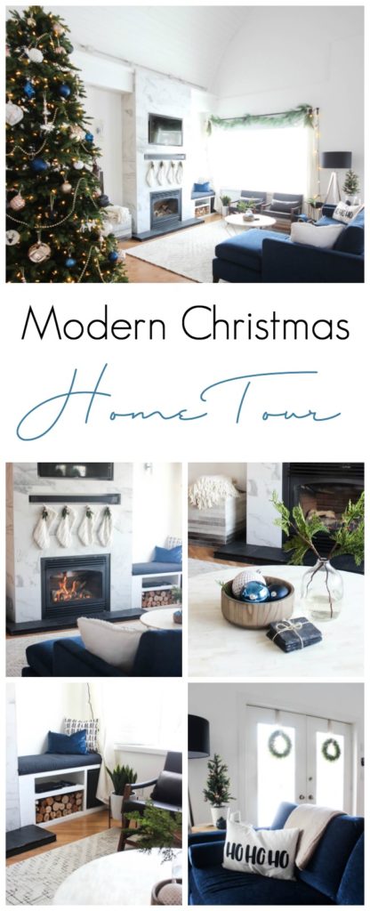 Love this modern Christmas home tour! Beautiful decorating ideas and inspiration for any home! Love the blue, black and white colour palette in this gorgeous contemporary living room. 