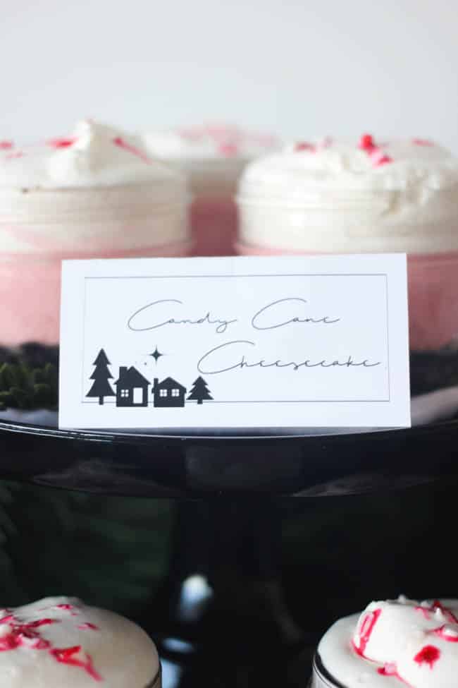 DIY printable sign for the candy cane cheesecake desserts.