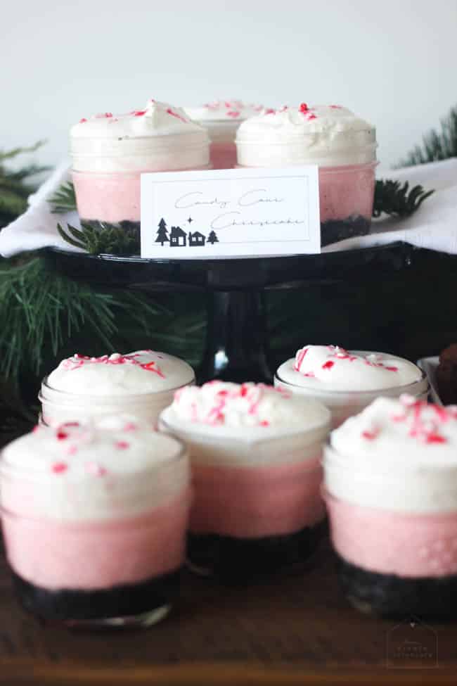 Candy cane cheesecake desserts on the coffee and dessert bar.