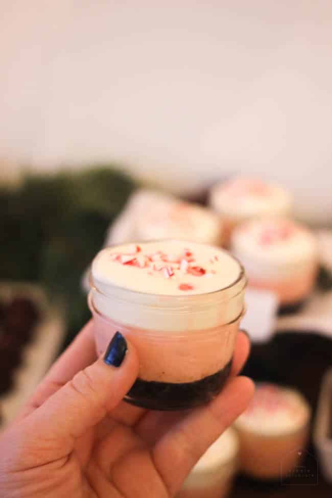 Holding a candy cane cheesecake.