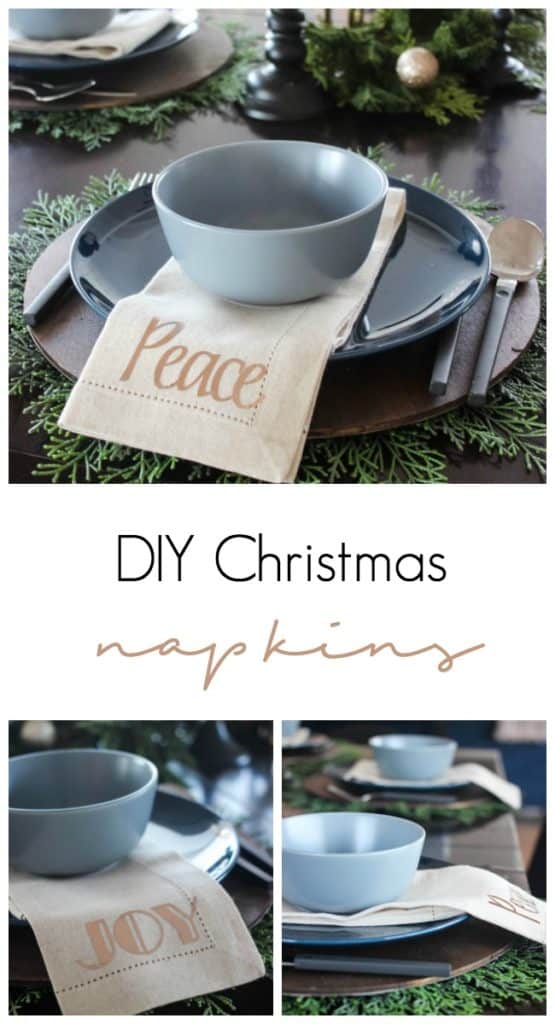 Beautiful holiday napkins! Use iron-on to add a simple, personalized design to any linen or cloth napkins with your Cricut! Love this modern DIY idea for Christmas! 