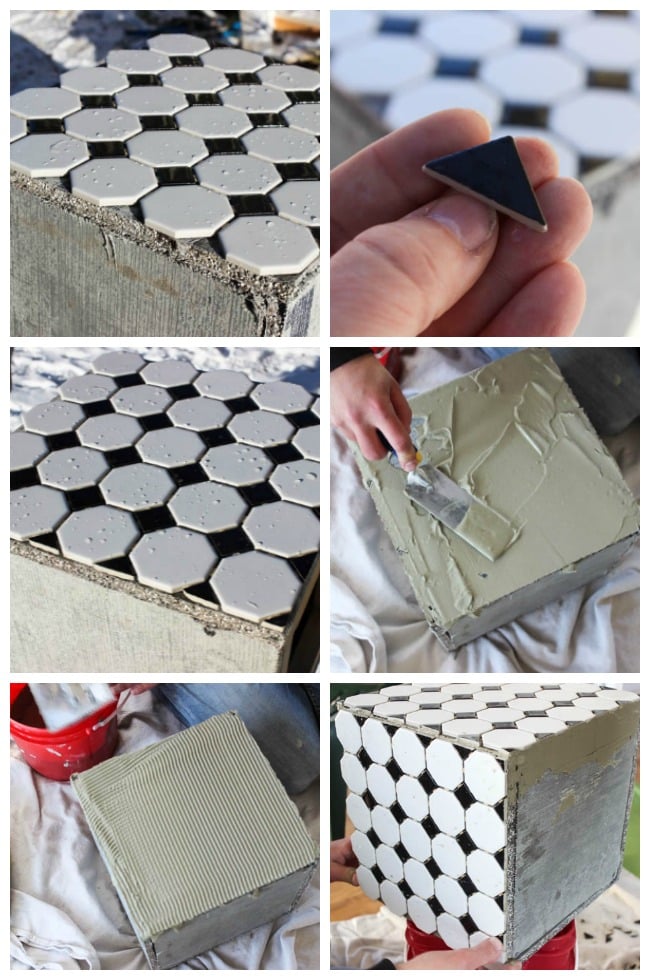 Measure and cut the tile sheets to the measurements of the planter box. Then apply the tiles with grout