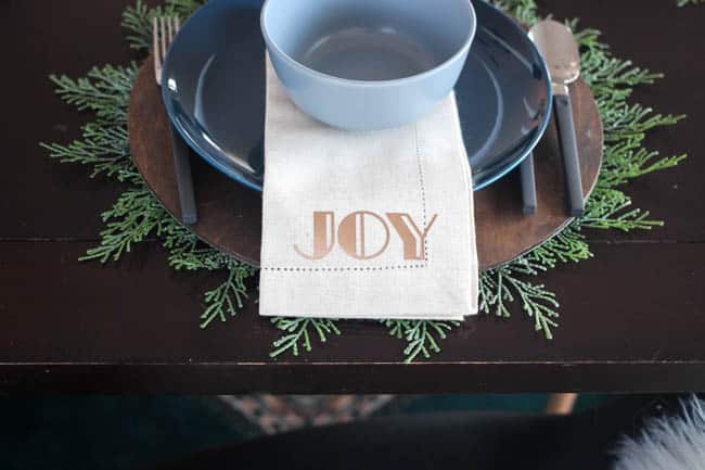 Top view of the Christmas table setting in the Christmas dining room 