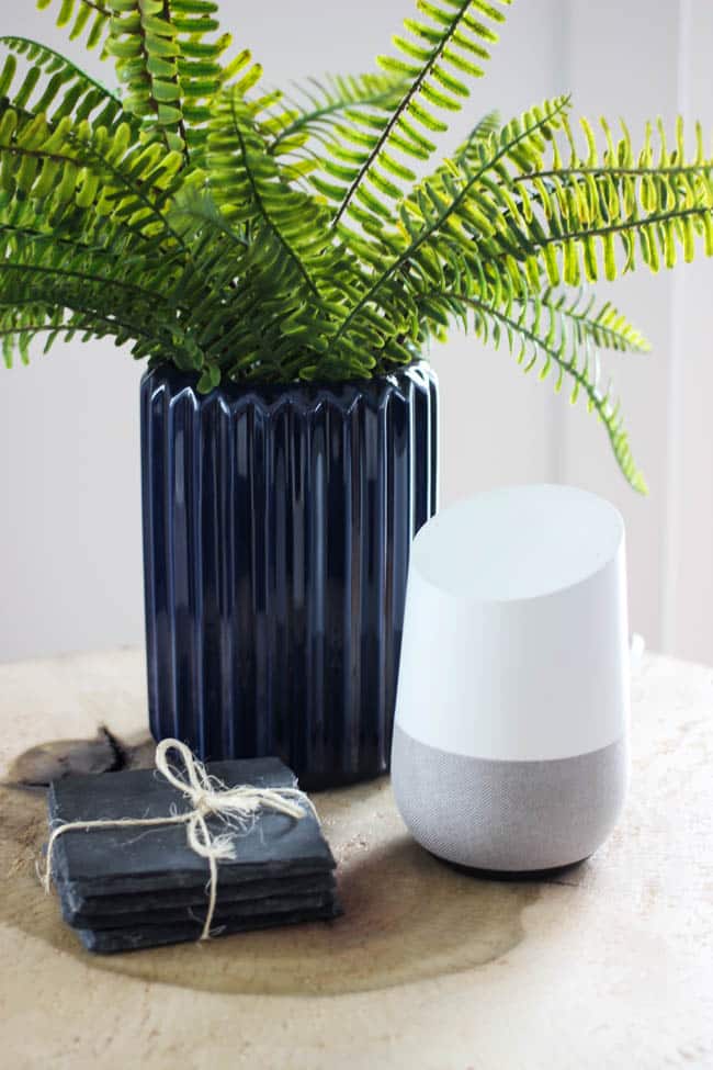 Our google home device is high tech and fits in with our minimal modern living room decor