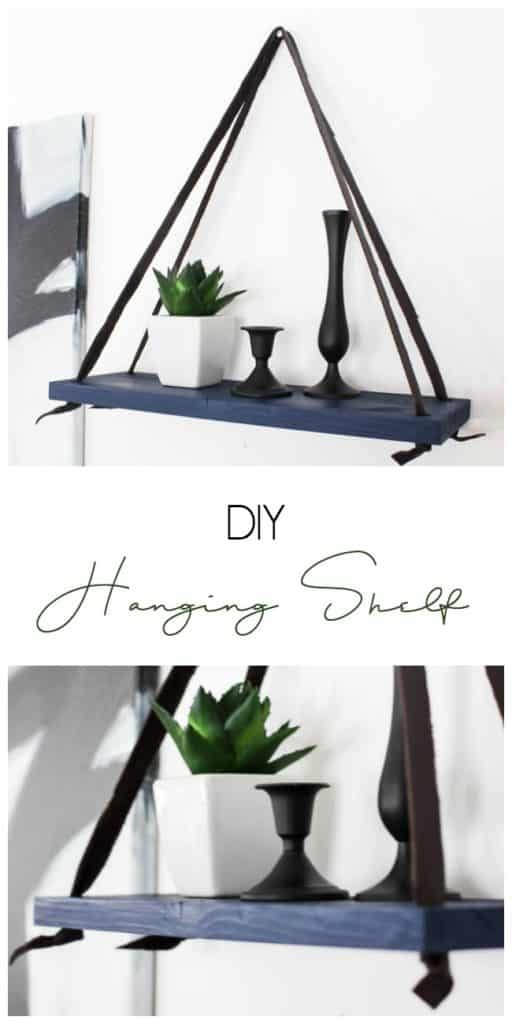 Love this simple modern shelf idea! This simple DIY hanging shelf makes the perfect wall art. If you have some scrap wood and leather you can make this floating shelf in no time! 