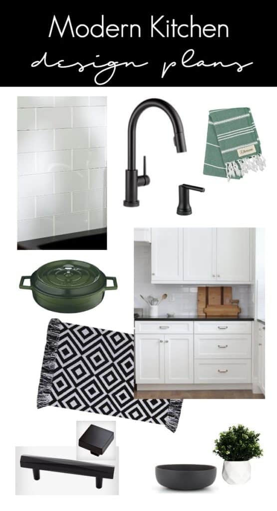 Beautiful Kitchen Decor Ideas for this Modern Kitchen Weekend Transformation! The design plans for this white and black kitchen remodel include countertop transformation kit, peel and stick tile, and beautiful new hardware and fixtures.