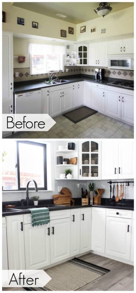 Wow! This stunning modern kitchen was transformed in just one weekend! Love the design ideas in this stunning black and white kitchen! The kitchen features white cabinets, black countertops, black hardware, matte black faucet, black sink, and wood accents. The use of countertop paint and peel and stick tile was brilliant! 