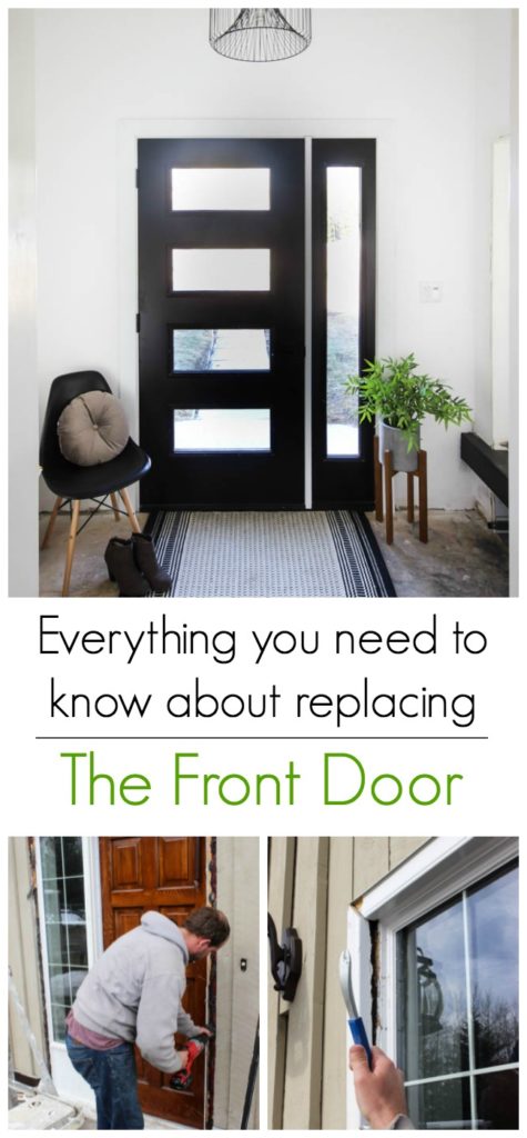 Thinking about replacing your front door? This is everything you need to know before you walk into The Home Depot and pick out a new design! We share how we got the proper measurements and picked our design elements before going to the store. Love the modern design of this new black front door! 