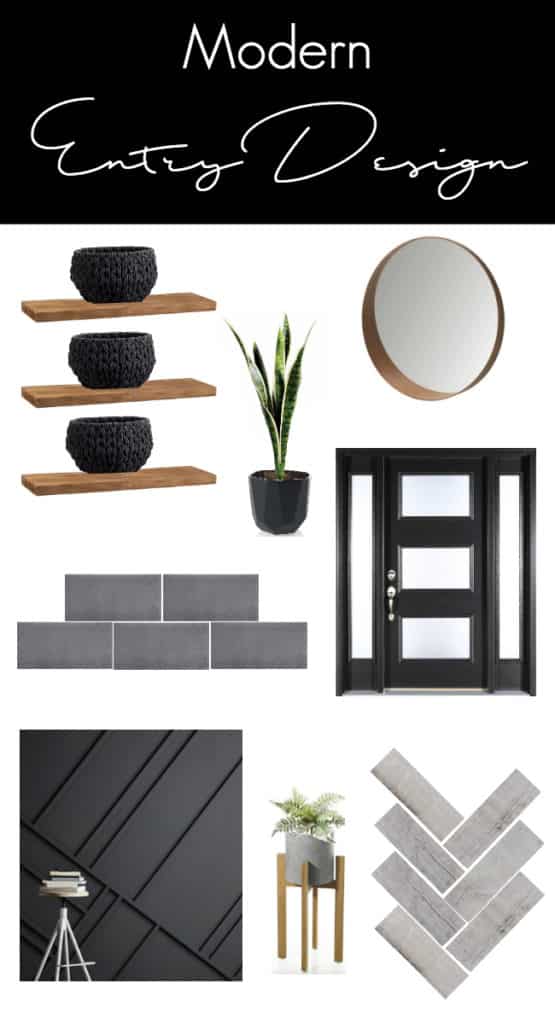 Wow! Beautiful modern entry design plans! Watch these homeowners transform this outdated mudroom into a beautiful, functional, and affordable entry! Love the black, white and wood colour palette and the herringbone floors in the new design!
