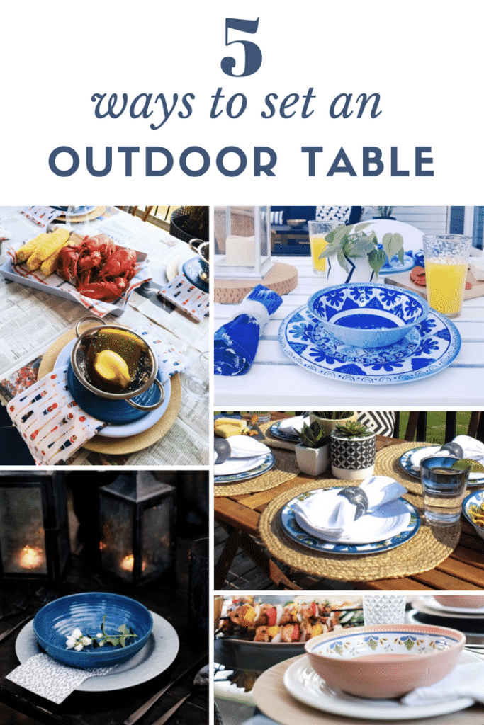 Create an easy outdoor dining tablescape with a few beautiful summer pieces! Love the floral patterned melamine plates on this summery table setting and the simple centrepiece! 