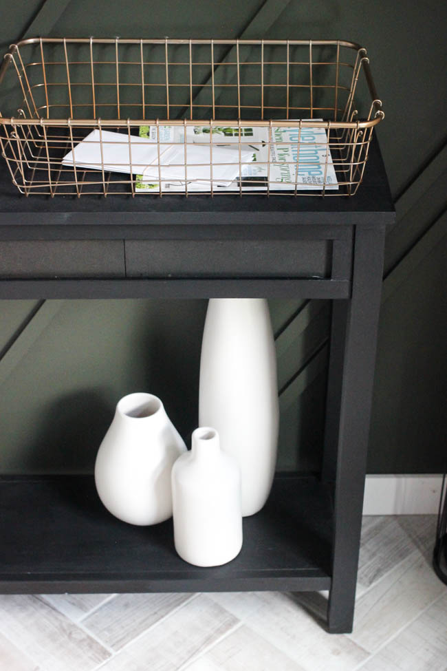 Beautiful Furniture Transformation! Use leftover tile to upcycle an old console table into a beautiful, modern piece in just a few steps. Beautiful narrow table for the entry or hallway. Such a wonderful use of leftover tile!