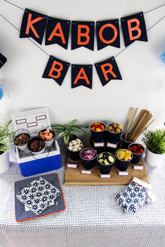 DIY Shish Kabob Bar! What an amazing idea for entertaining friends and family! Set-up your kabob bar by the BBQ and let everyone enjoy their own delicious shish kabobs.