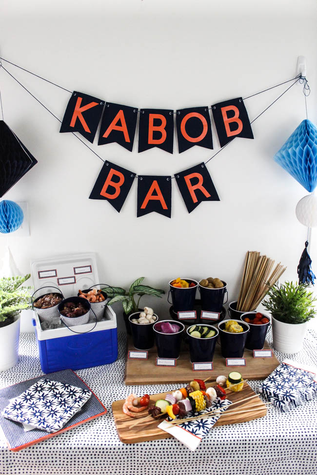 DIY Shish Kabob Bar! What an amazing idea for entertaining friends and family! Set-up your kabob bar by the BBQ and let everyone enjoy their own delicious shish kabobs.