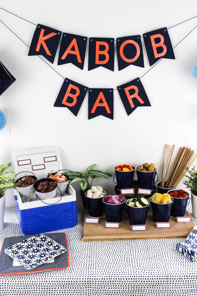 DIY Shish Kabob Bar! What an amazing idea for entertaining friends and family! Set-up your kabob bar by the BBQ and let everyone enjoy their own delicious shish kabobs.