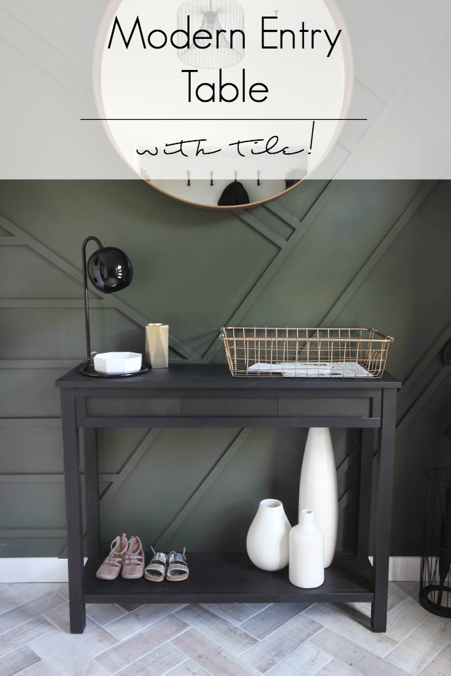 Beautiful Furniture Transformation! Use leftover tile to upcycle an old console table into a beautiful, modern piece in just a few steps. Beautiful narrow table for the entry or hallway. Such a wonderful use of leftover tile! 