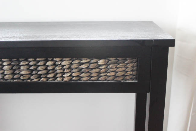 Beautiful Furniture Transformation! Use leftover tile to upcycle an old console table into a beautiful, modern piece in just a few steps. Beautiful narrow table for the entry or hallway. Such a wonderful use of leftover tile!