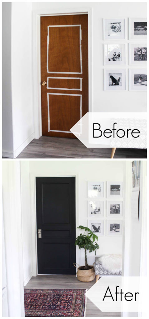 Two images showing the stunning transformation of a hollow core door with text overlays "Before" and "After"